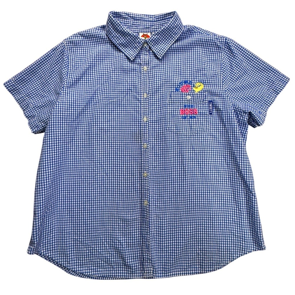 vtg 90s Looney Tunes Tweety Bird Blue Gingham Button Down Shirt womens sz XL